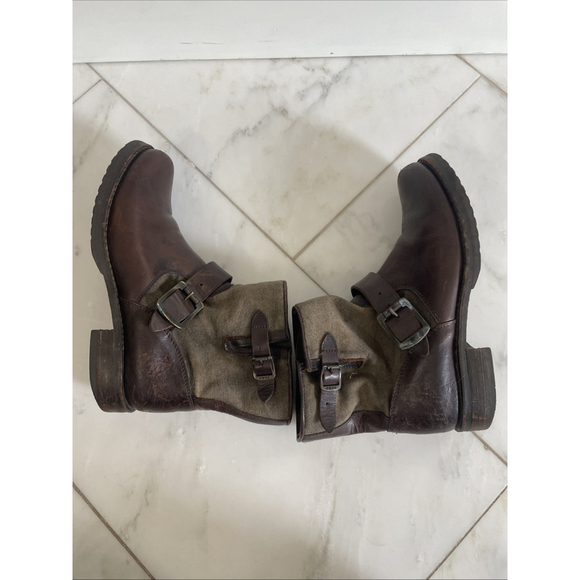 Frye, Women’s 7.5, Dark Brown Chocolate Leather And Canvas Low Buckle Ankle Boot - Picture 6 of 11